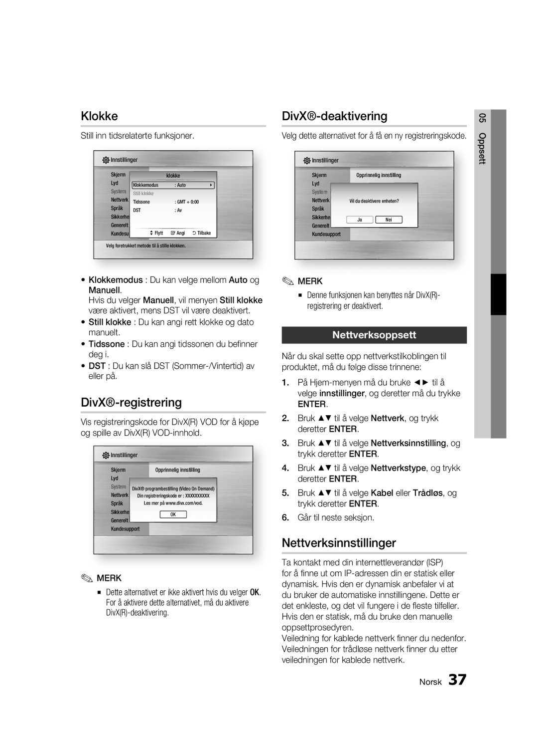 Samsung BD-C6500/XEE manual Klokke, DivX-registrering, DivX-deaktivering, Nettverksinnstillinger, Nettverksoppsett 