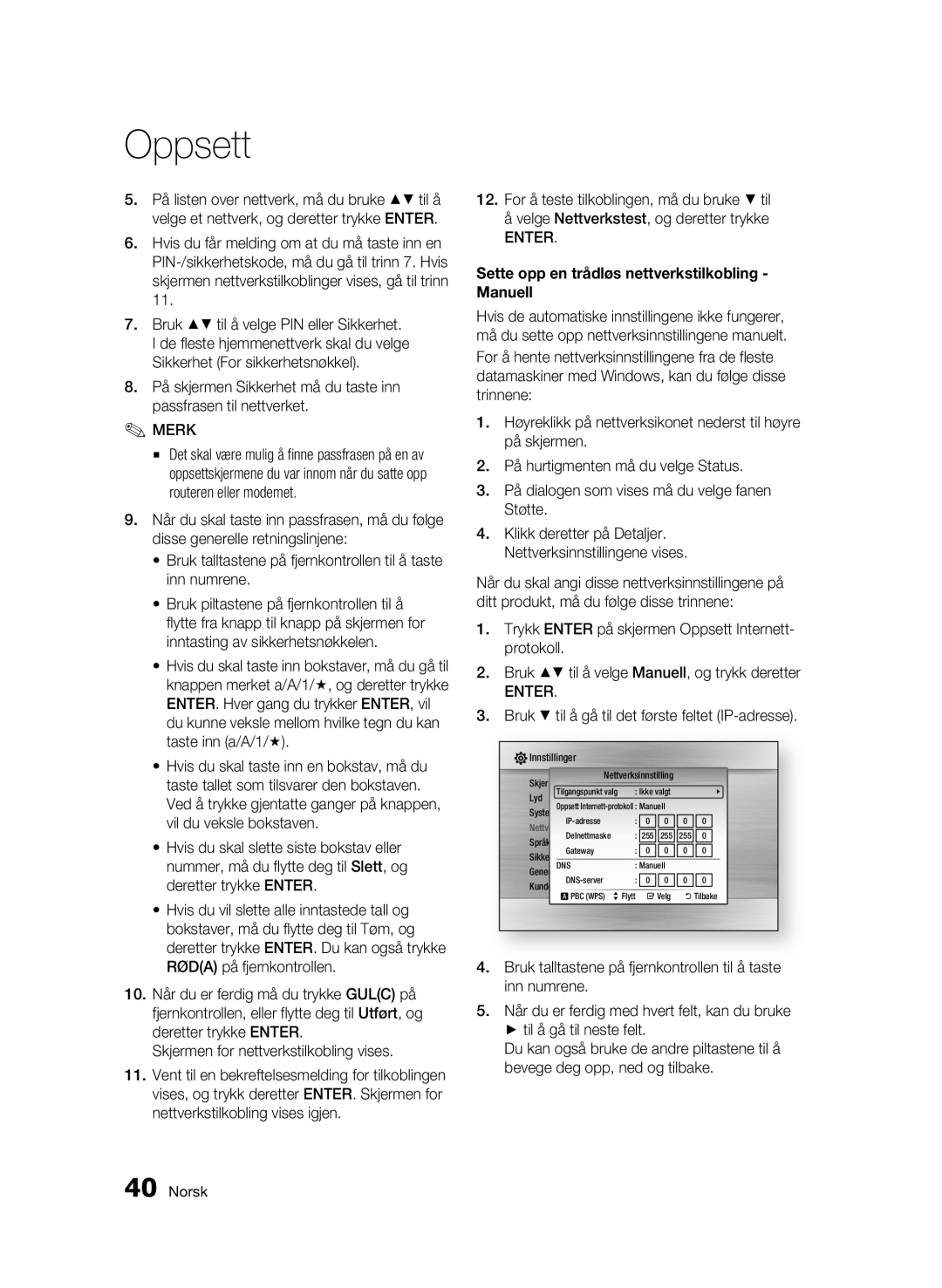 Samsung BD-C6500/XEE manual Sette opp en trådløs nettverkstilkobling Manuell 