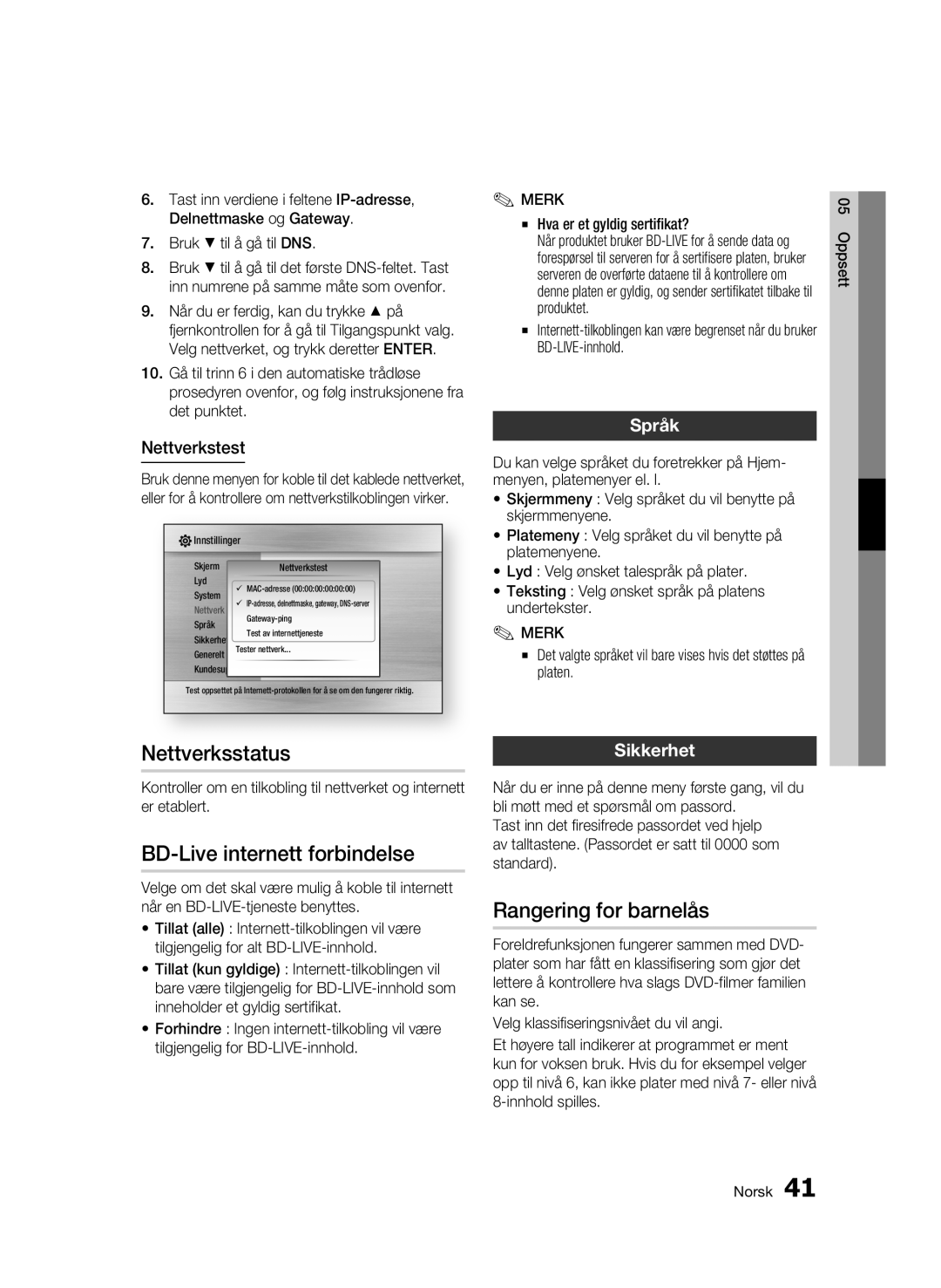 Samsung BD-C6500/XEE manual Nettverksstatus, BD-Live internett forbindelse, Rangering for barnelås, Språk, Sikkerhet 