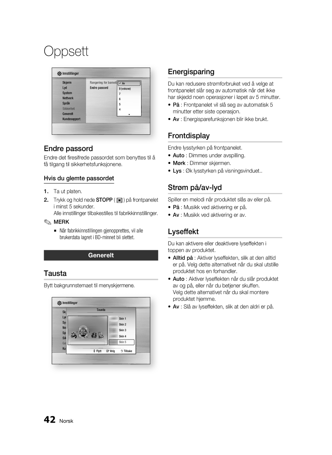 Samsung BD-C6500/XEE manual Endre passord, Tausta, Energisparing, Frontdisplay, Strøm på/av-lyd, Lyseffekt 