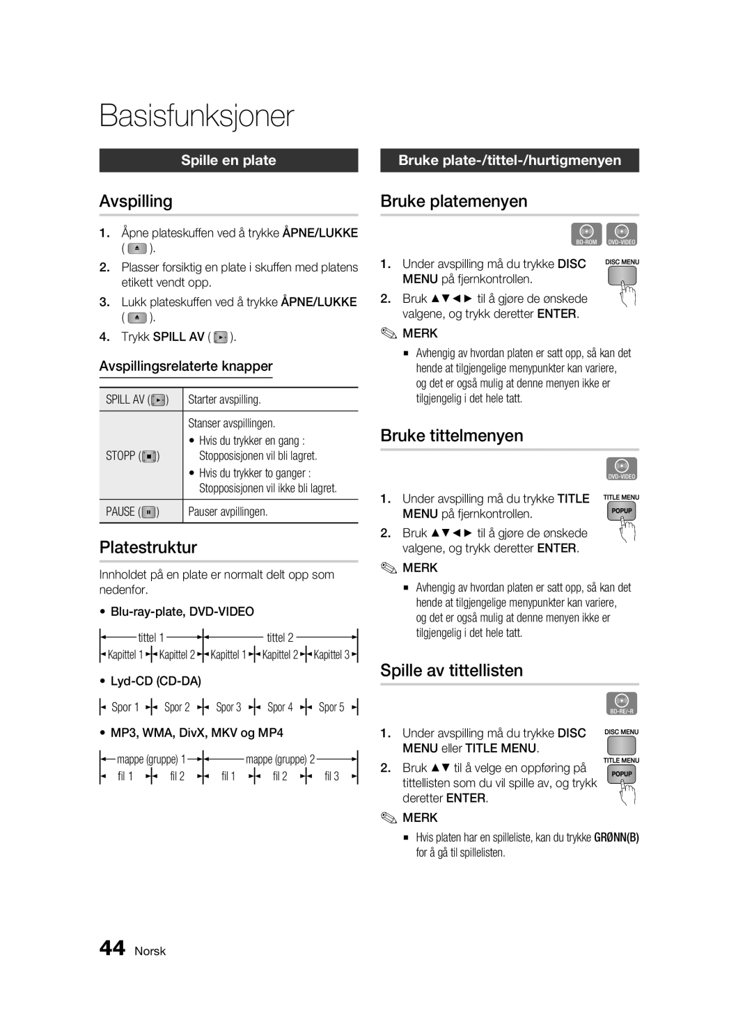 Samsung BD-C6500/XEE manual Basisfunksjoner 