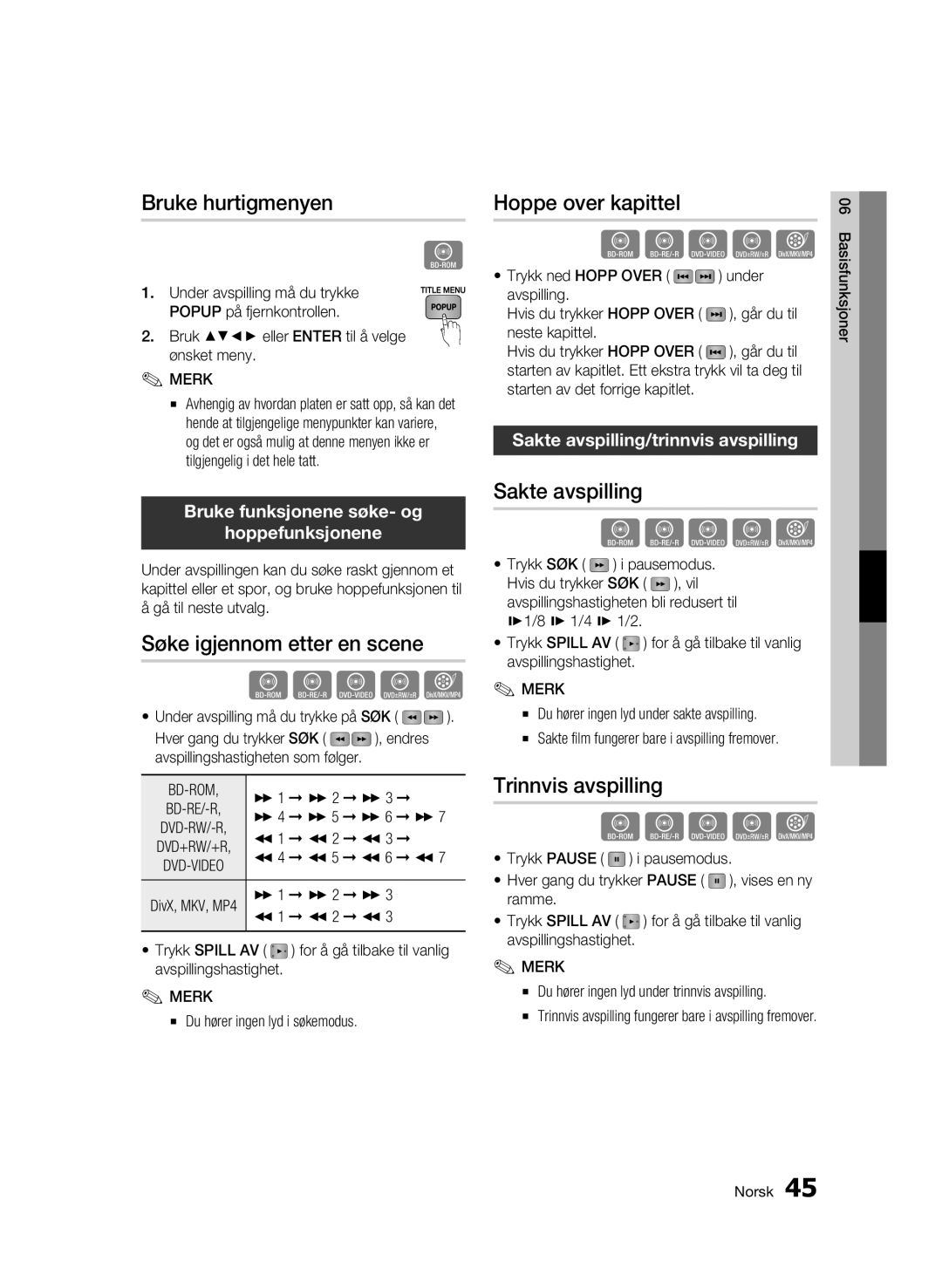 Samsung BD-C6500/XEE manual Bruke hurtigmenyen, Søke igjennom etter en scene, Hoppe over kapittel, Sakte avspilling 