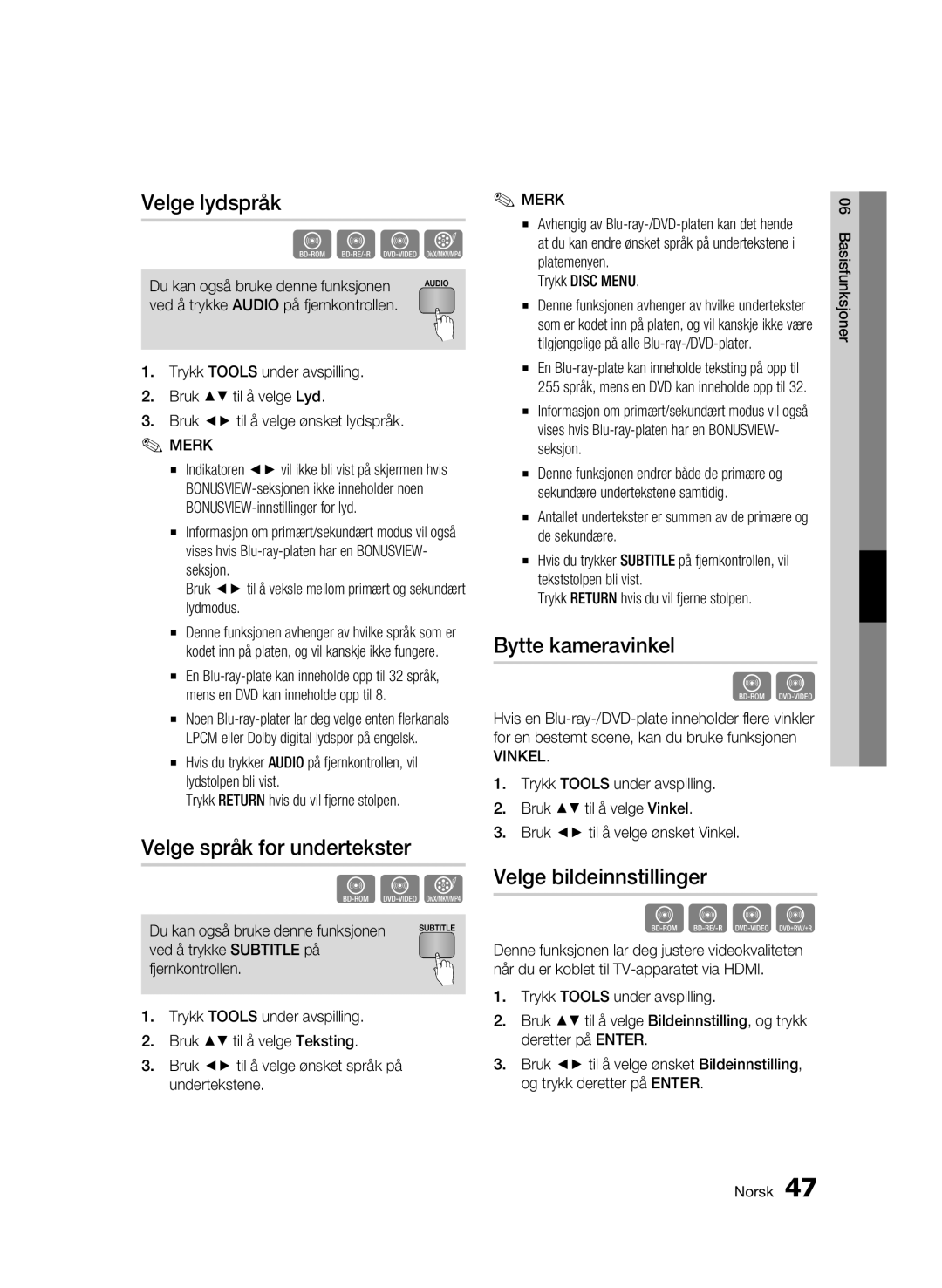 Samsung BD-C6500/XEE Velge lydspråk, Velge språk for undertekster, Bytte kameravinkel, Velge bildeinnstillinger, Vinkel 