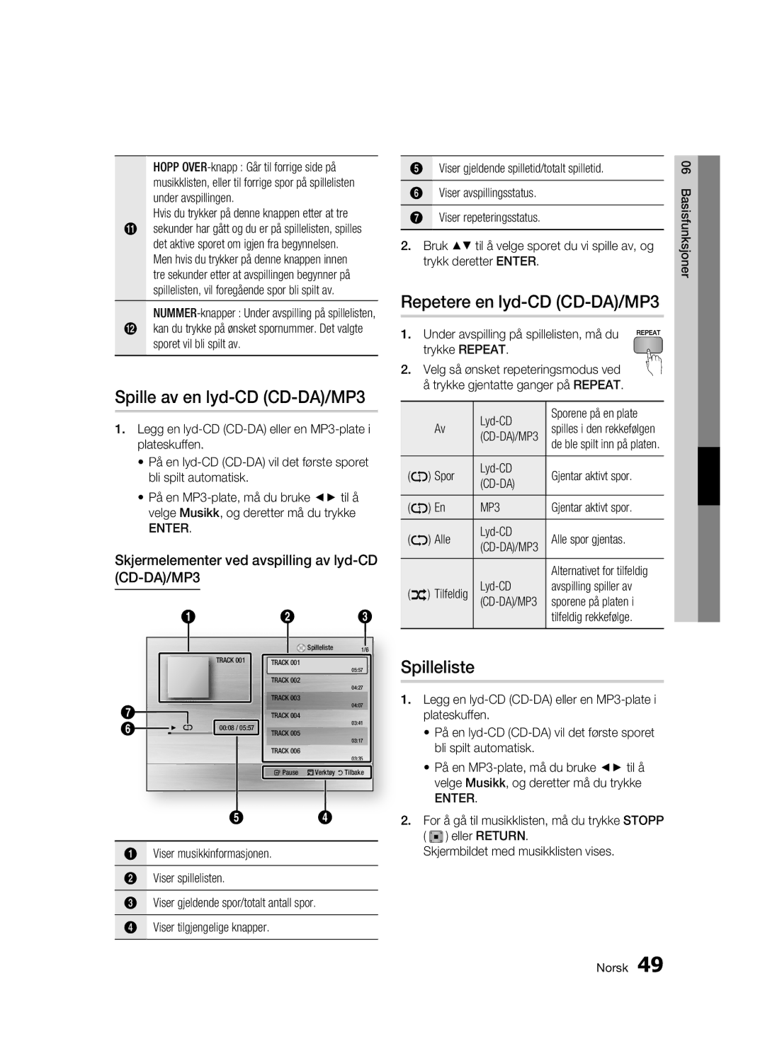 Samsung BD-C6500/XEE manual Spille av en lyd-CD CD-DA/MP3, Repetere en lyd-CD CD-DA/MP3, Spilleliste 