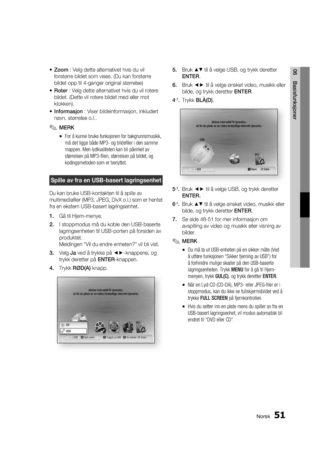 Samsung BD-C6500/XEE manual Spille av fra en USB-basert lagringsenhet, Bruk til å velge USB, og trykk deretter 