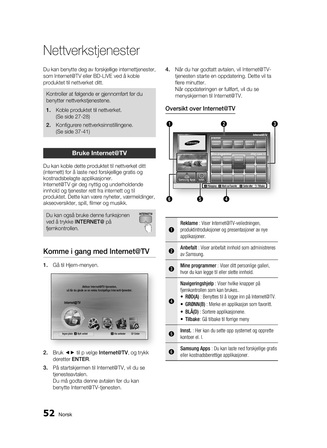 Samsung BD-C6500/XEE manual Nettverkstjenester, Komme i gang med Internet@TV, Bruke Internet@TV, Oversikt over Internet@TV 