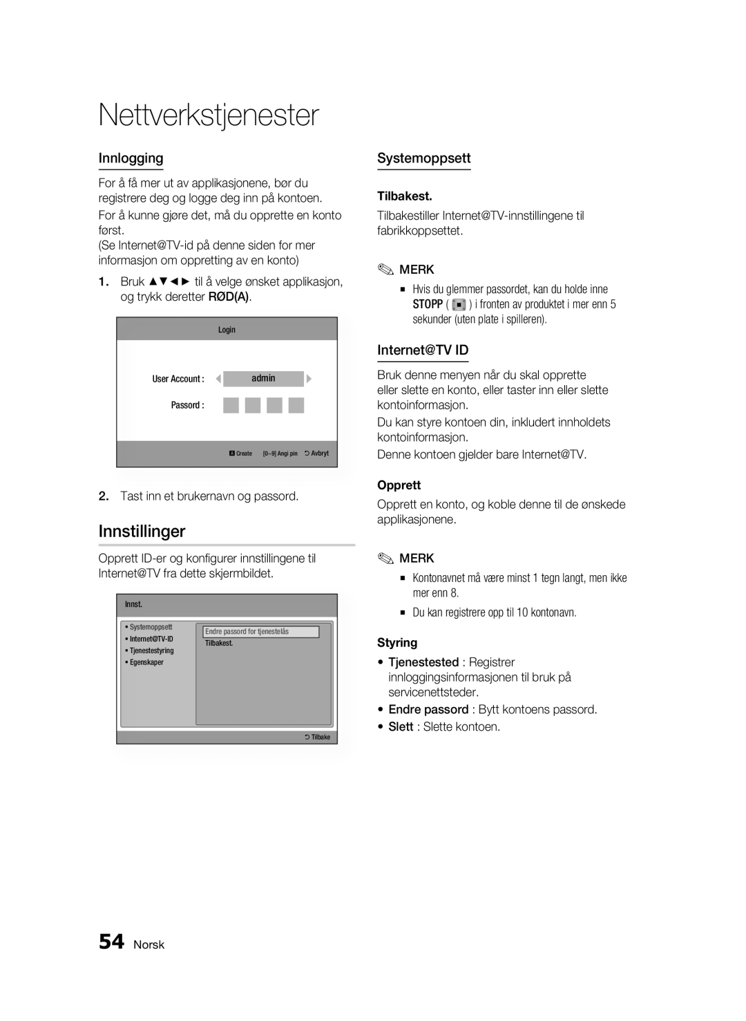 Samsung BD-C6500/XEE manual Innstillinger, Innlogging, Systemoppsett, Internet@TV ID 