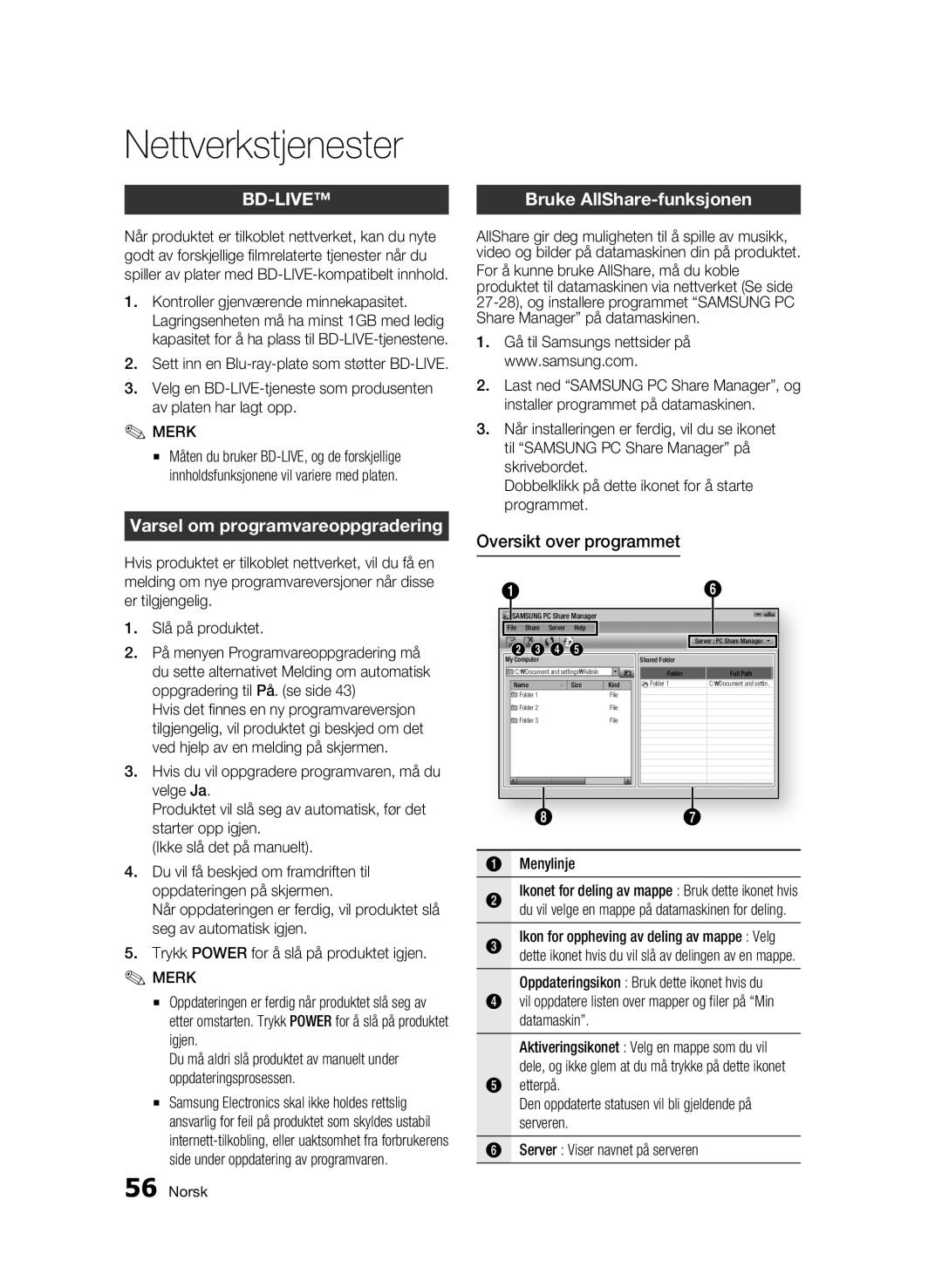 Samsung BD-C6500/XEE manual Bruke AllShare-funksjonen, Varsel om programvareoppgradering, Oversikt over programmet 