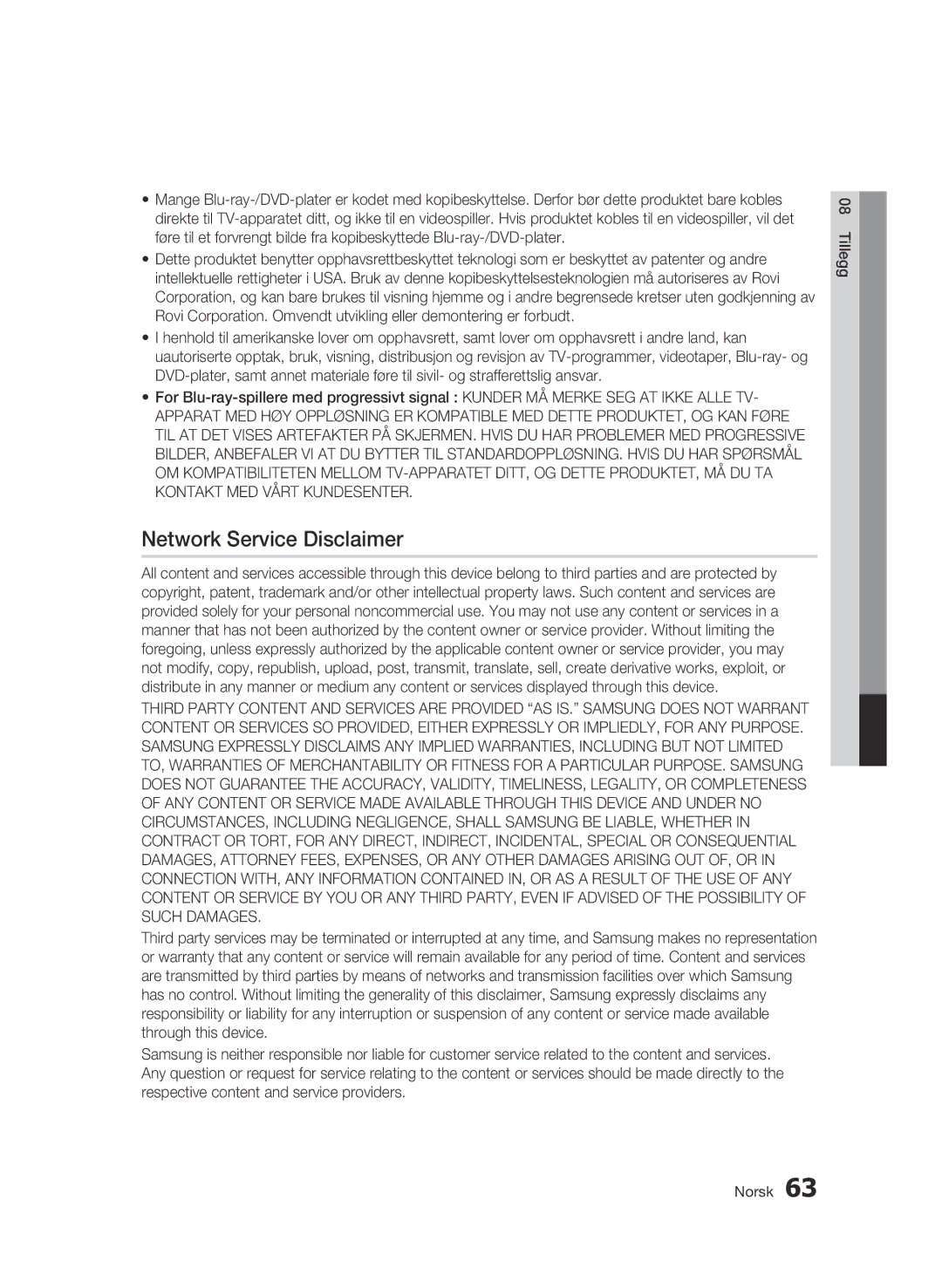 Samsung BD-C6500/XEE manual Network Service Disclaimer 