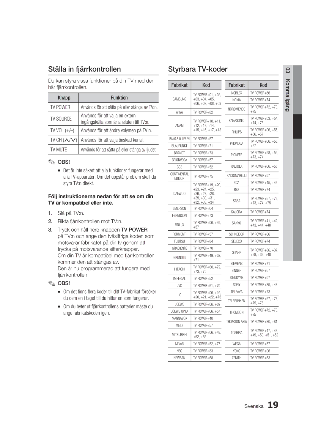 Samsung BD-C6500/XEE manual Ställa in fjärrkontrollen, Styrbara TV-koder, TV Power, TV Mute 