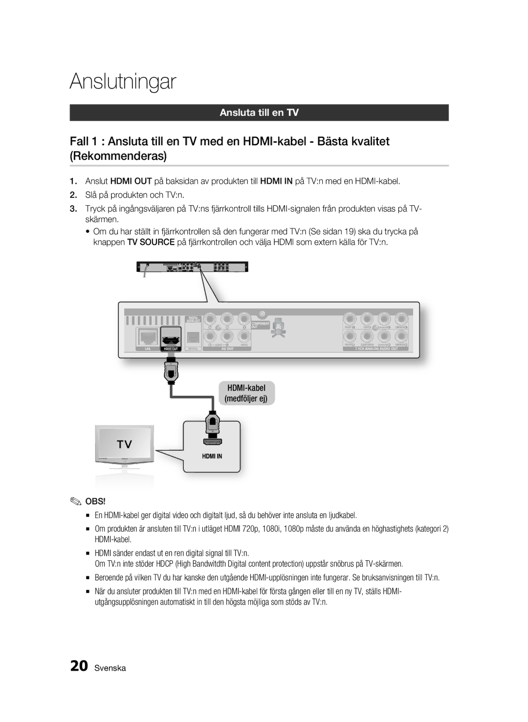 Samsung BD-C6500/XEE manual Anslutningar, Ansluta till en TV 