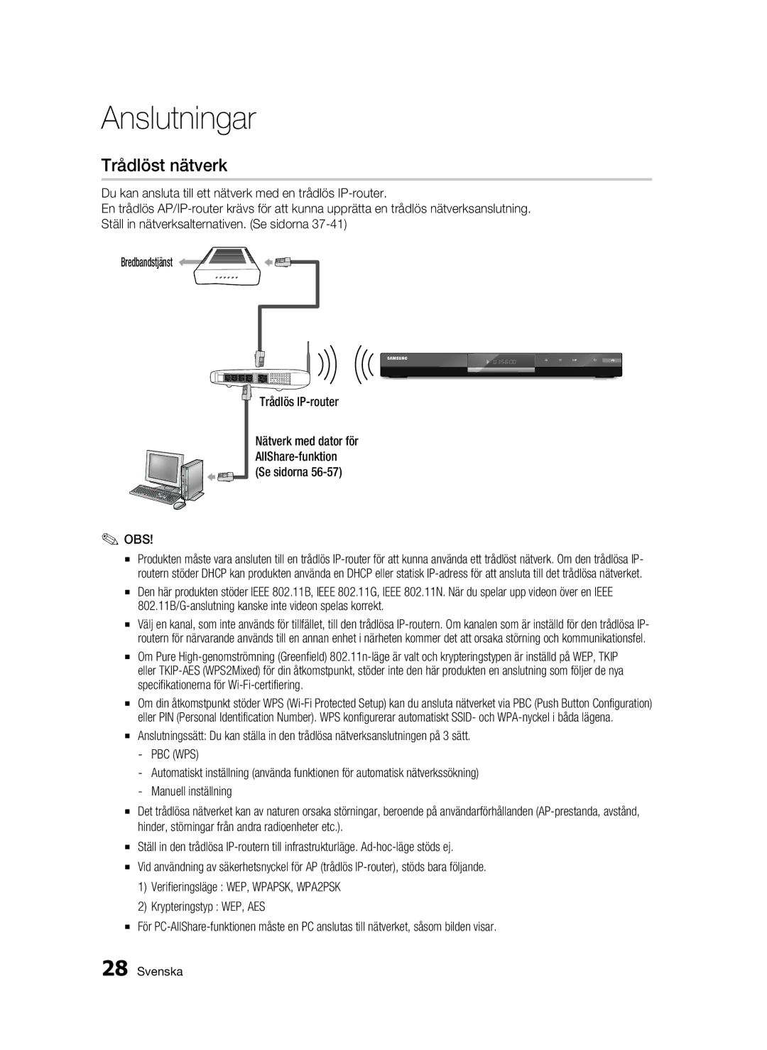 Samsung BD-C6500/XEE manual Trådlöst nätverk, Pbc Wps 