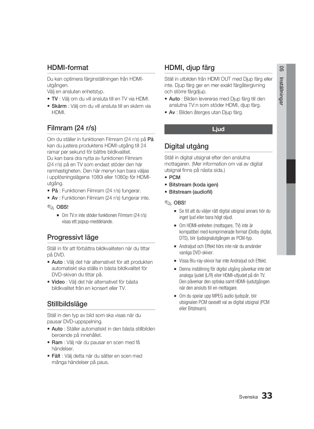 Samsung BD-C6500/XEE manual HDMI-format, Filmram 24 r/s, Progressivt läge, Stillbildsläge, HDMI, djup färg, Digital utgång 