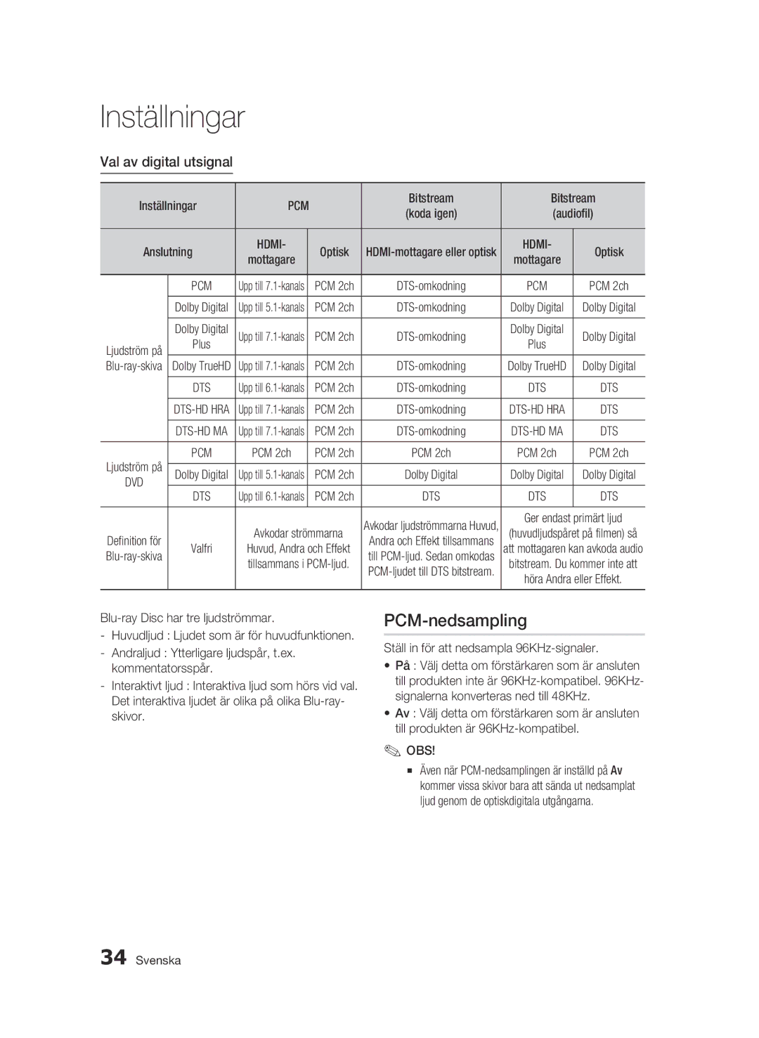 Samsung BD-C6500/XEE manual PCM-nedsampling, Val av digital utsignal 