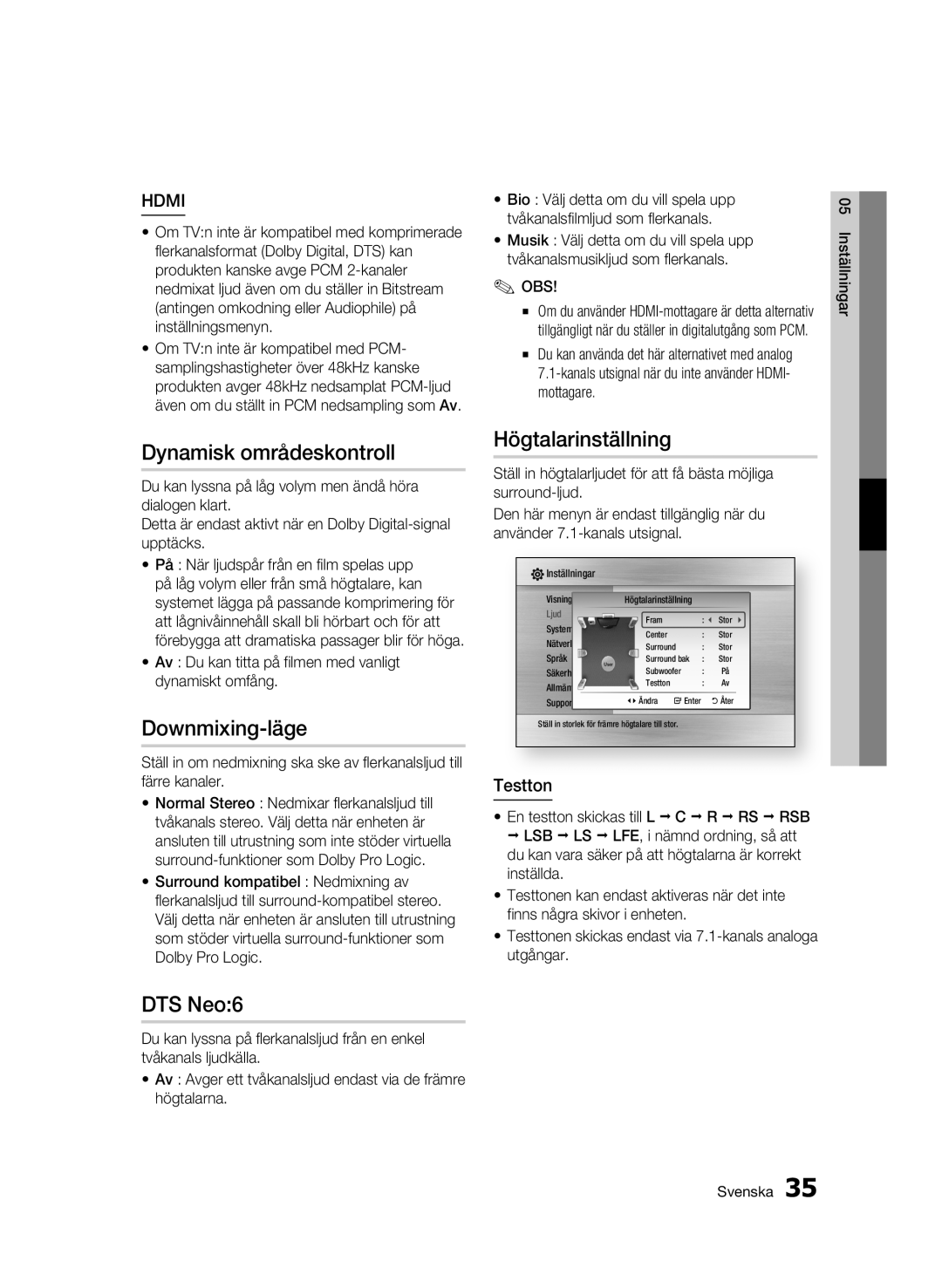 Samsung BD-C6500/XEE manual Dynamisk områdeskontroll, Downmixing-läge, DTS Neo6, Högtalarinställning, Testton 