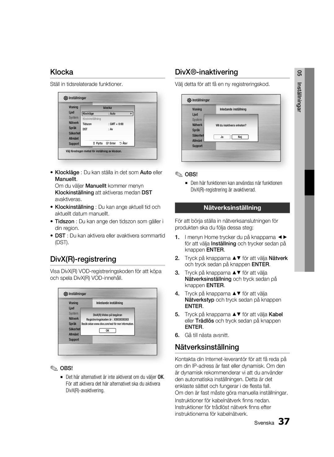 Samsung BD-C6500/XEE manual Klocka, DivXR-registrering, DivX-inaktivering, Nätverksinställning 