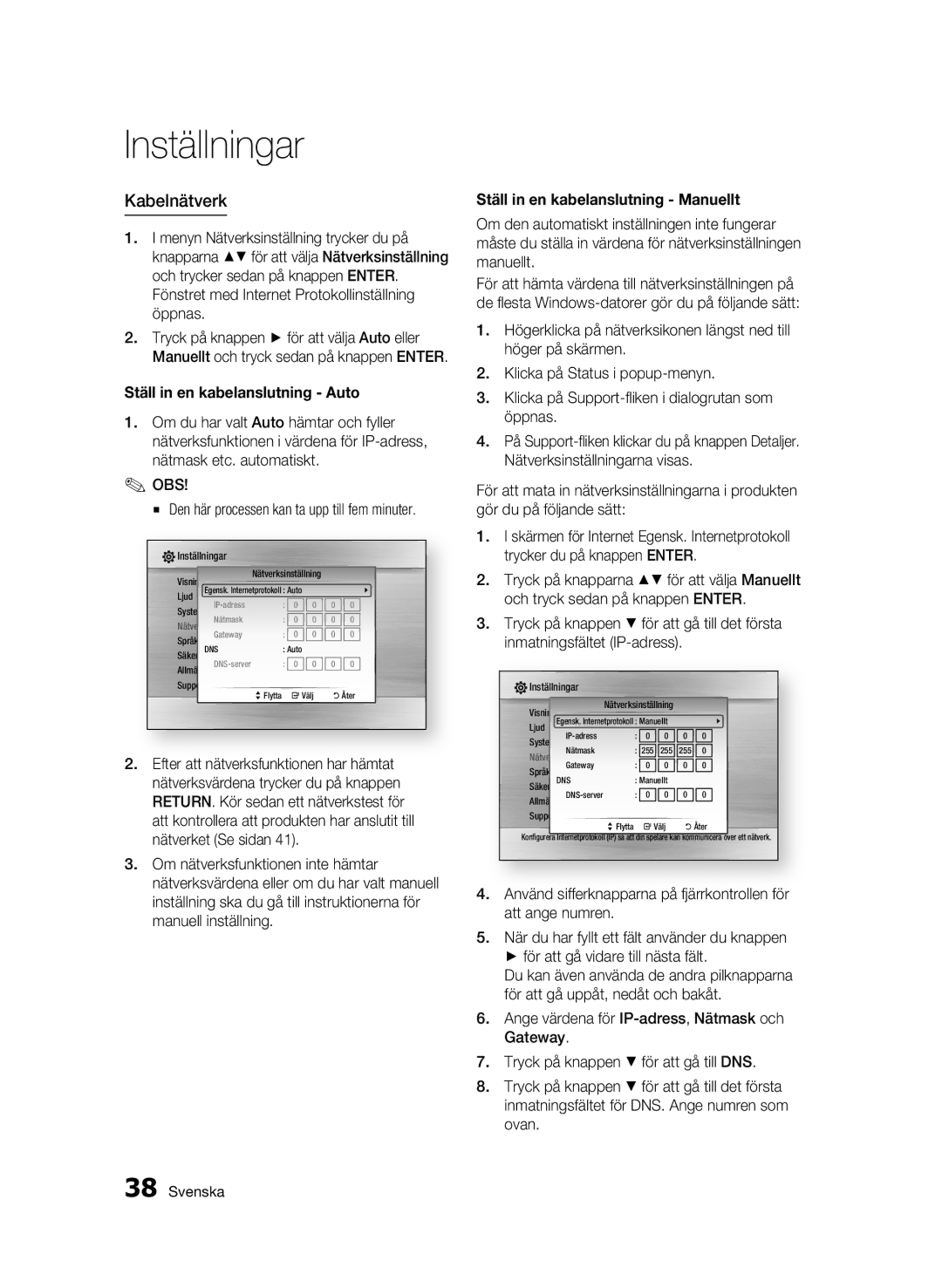 Samsung BD-C6500/XEE manual Kabelnätverk, Ställ in en kabelanslutning Auto 