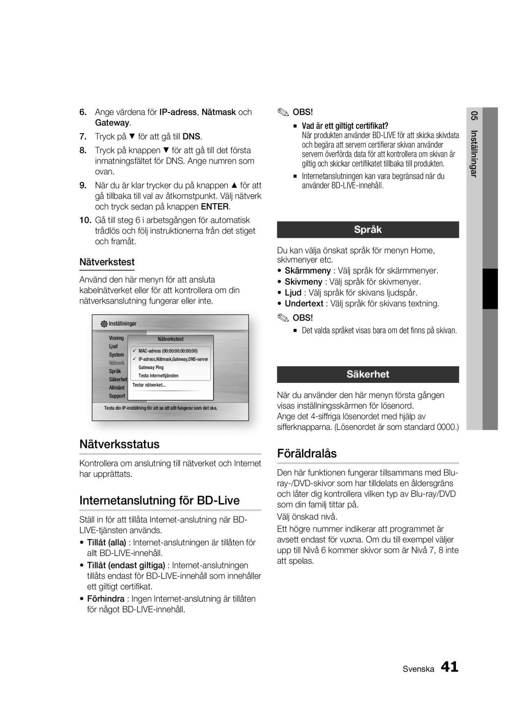 Samsung BD-C6500/XEE manual Nätverksstatus, Internetanslutning för BD-Live, Föräldralås, Språk, Säkerhet 