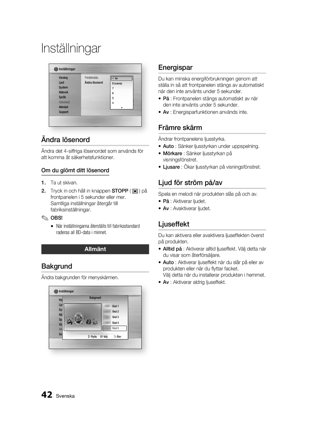 Samsung BD-C6500/XEE manual Ändra lösenord, Bakgrund, Energispar, Främre skärm, Ljud för ström på/av, Ljuseffekt 