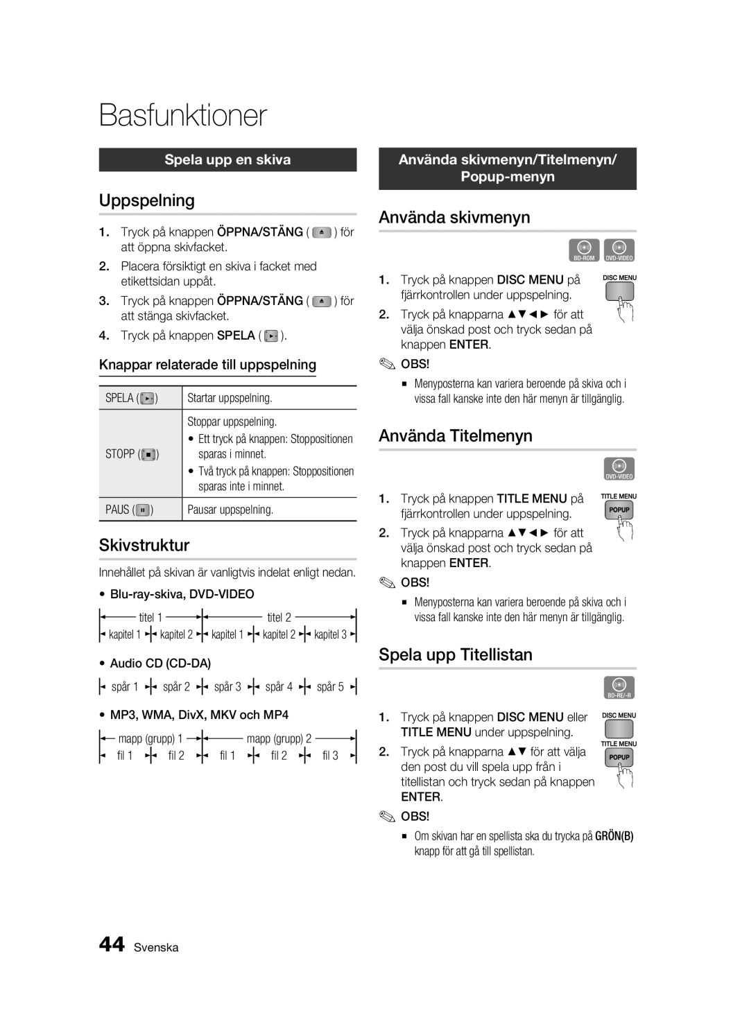 Samsung BD-C6500/XEE manual Basfunktioner 