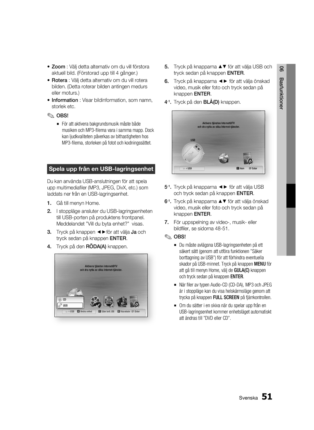 Samsung BD-C6500/XEE manual Spela upp från en USB-lagringsenhet, Gå till menyn Home 