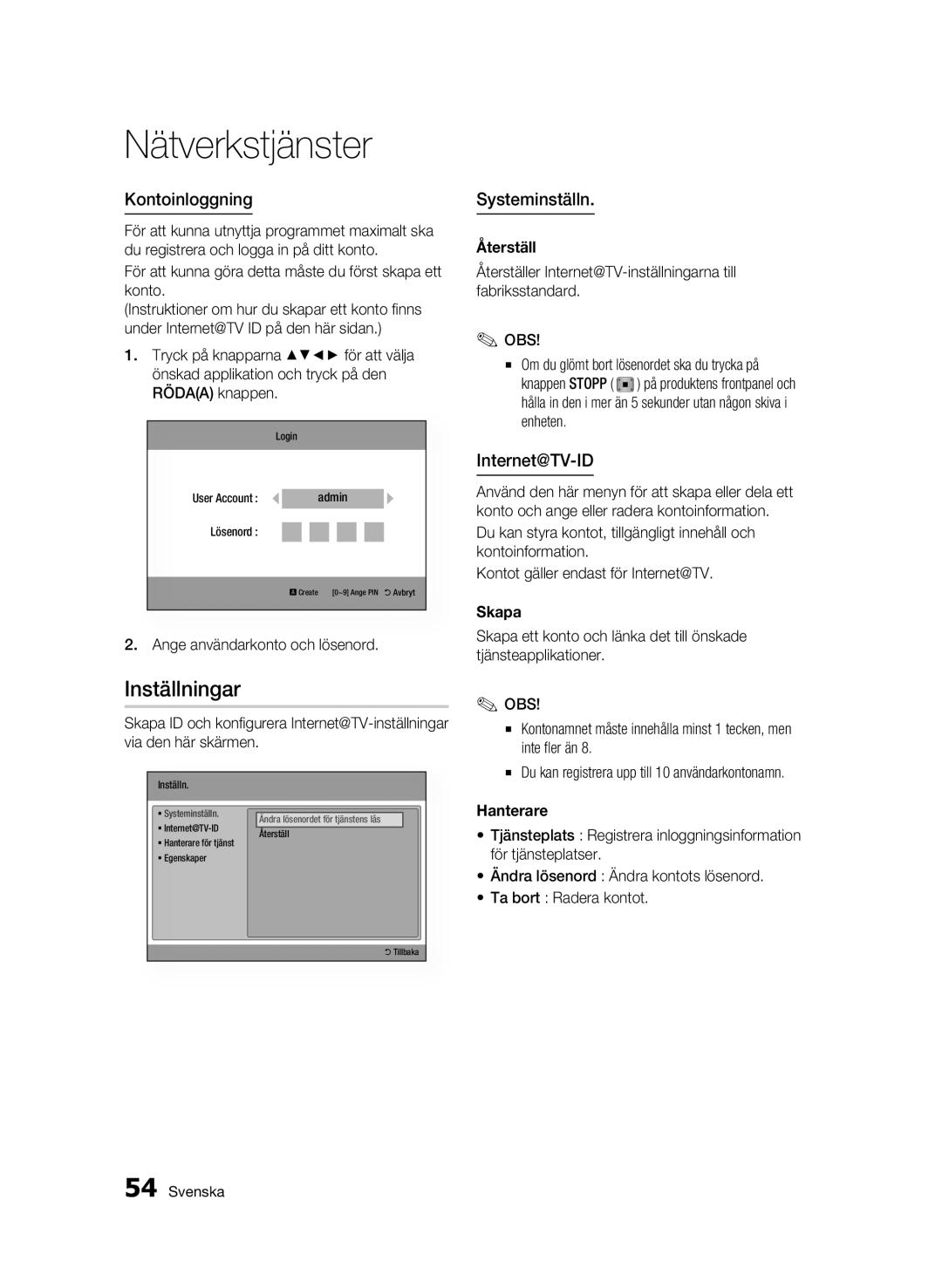 Samsung BD-C6500/XEE manual Inställningar, Kontoinloggning, Systeminställn, Internet@TV-ID 