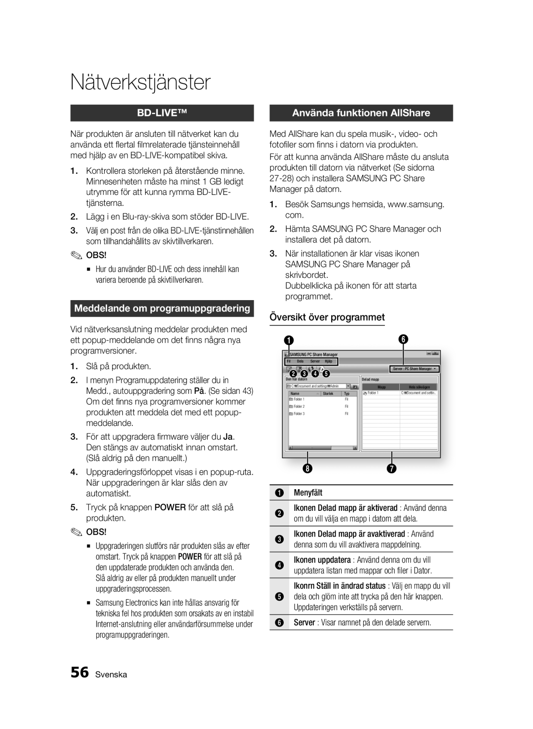 Samsung BD-C6500/XEE manual Meddelande om programuppgradering, Använda funktionen AllShare, Översikt över programmet 