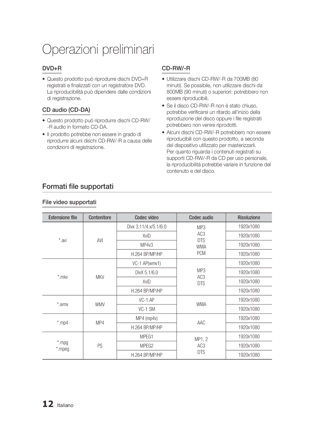 Samsung BD-C6500/XEF manual Formati file supportati, CD audio CD-DA, File video supportati, AC3, Pcm 