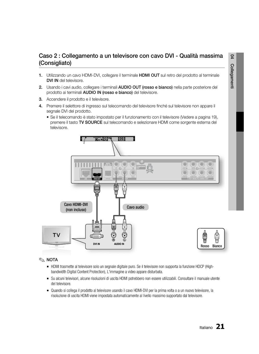 Samsung BD-C6500/XEF manual Cavo HDMI-DVI Non incluso Cavo audio 