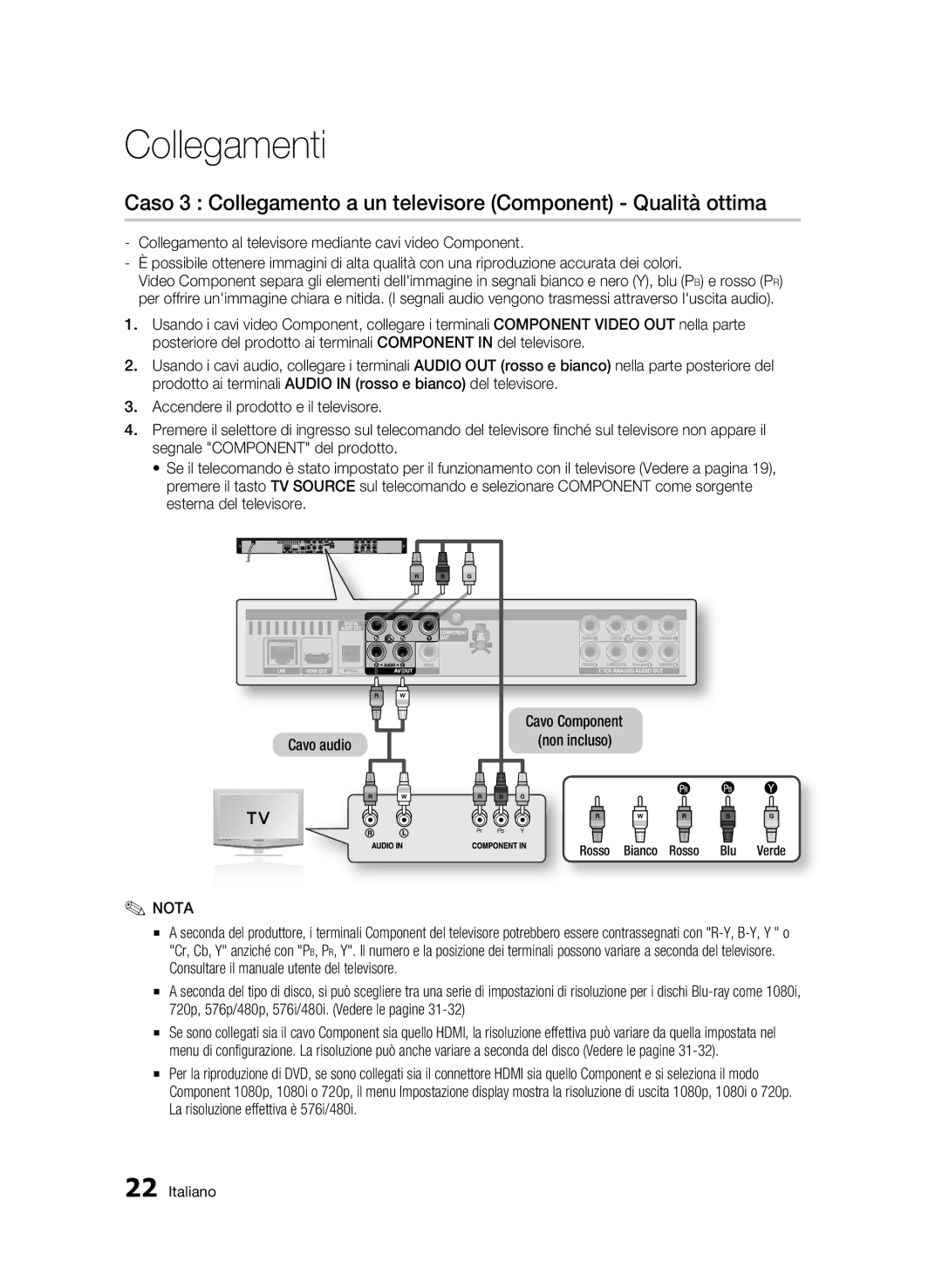 Samsung BD-C6500/XEF manual Caso 3 Collegamento a un televisore Component Qualità ottima 