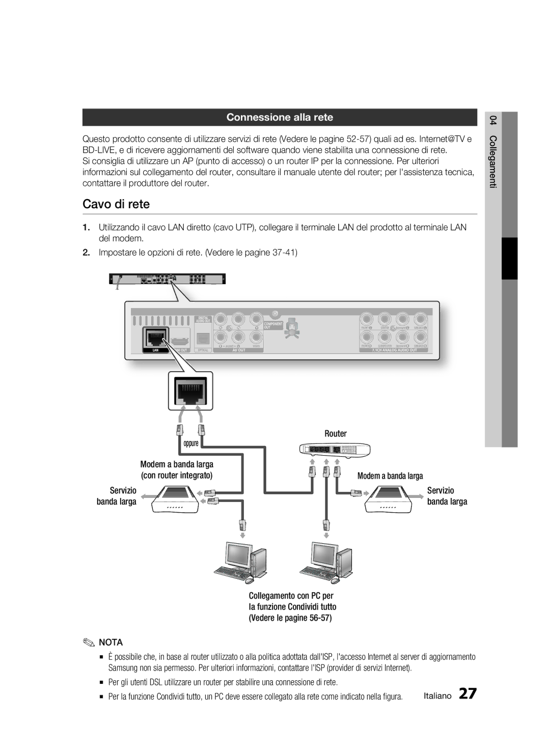 Samsung BD-C6500/XEF manual Cavo di rete, Connessione alla rete 