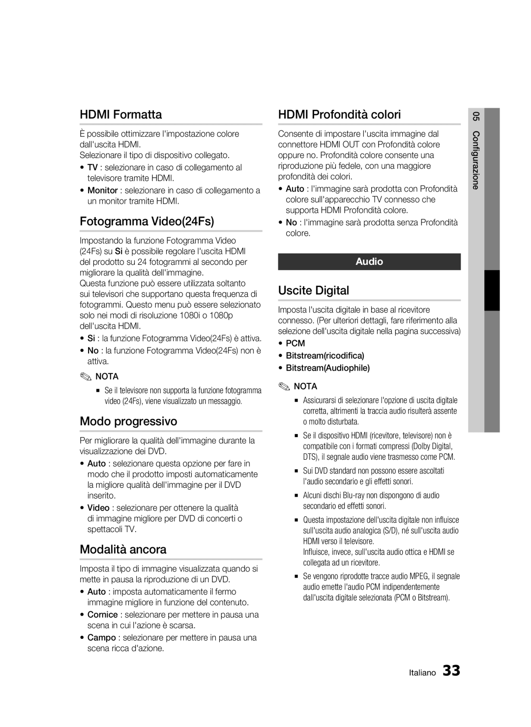 Samsung BD-C6500/XEF manual Hdmi Formatta, Fotogramma Video24Fs, Modo progressivo, Modalità ancora, Hdmi Profondità colori 