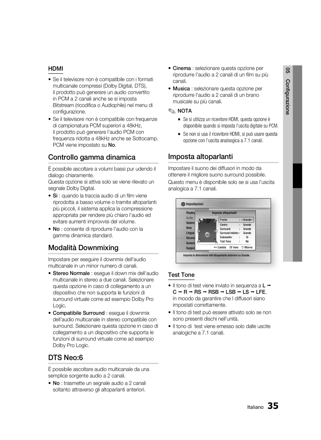 Samsung BD-C6500/XEF manual Controllo gamma dinamica, Modalità Downmixing, DTS Neo6, Imposta altoparlanti, Test Tone 