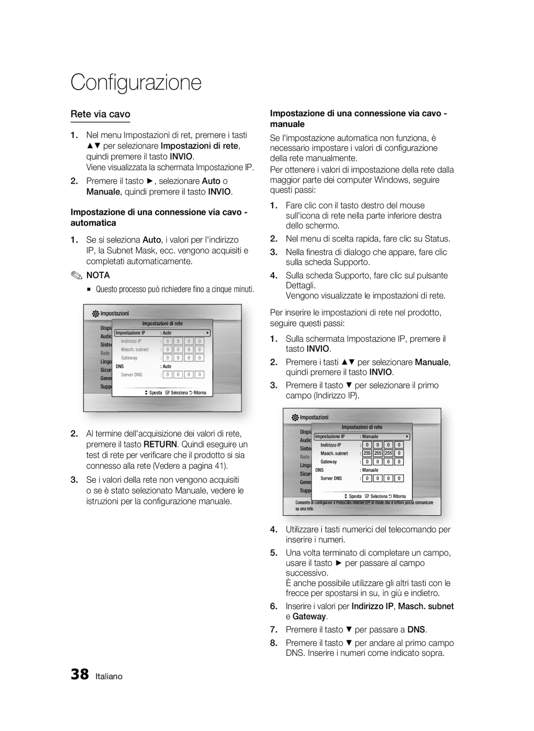 Samsung BD-C6500/XEF manual Rete via cavo, Impostazione di una connessione via cavo automatica 