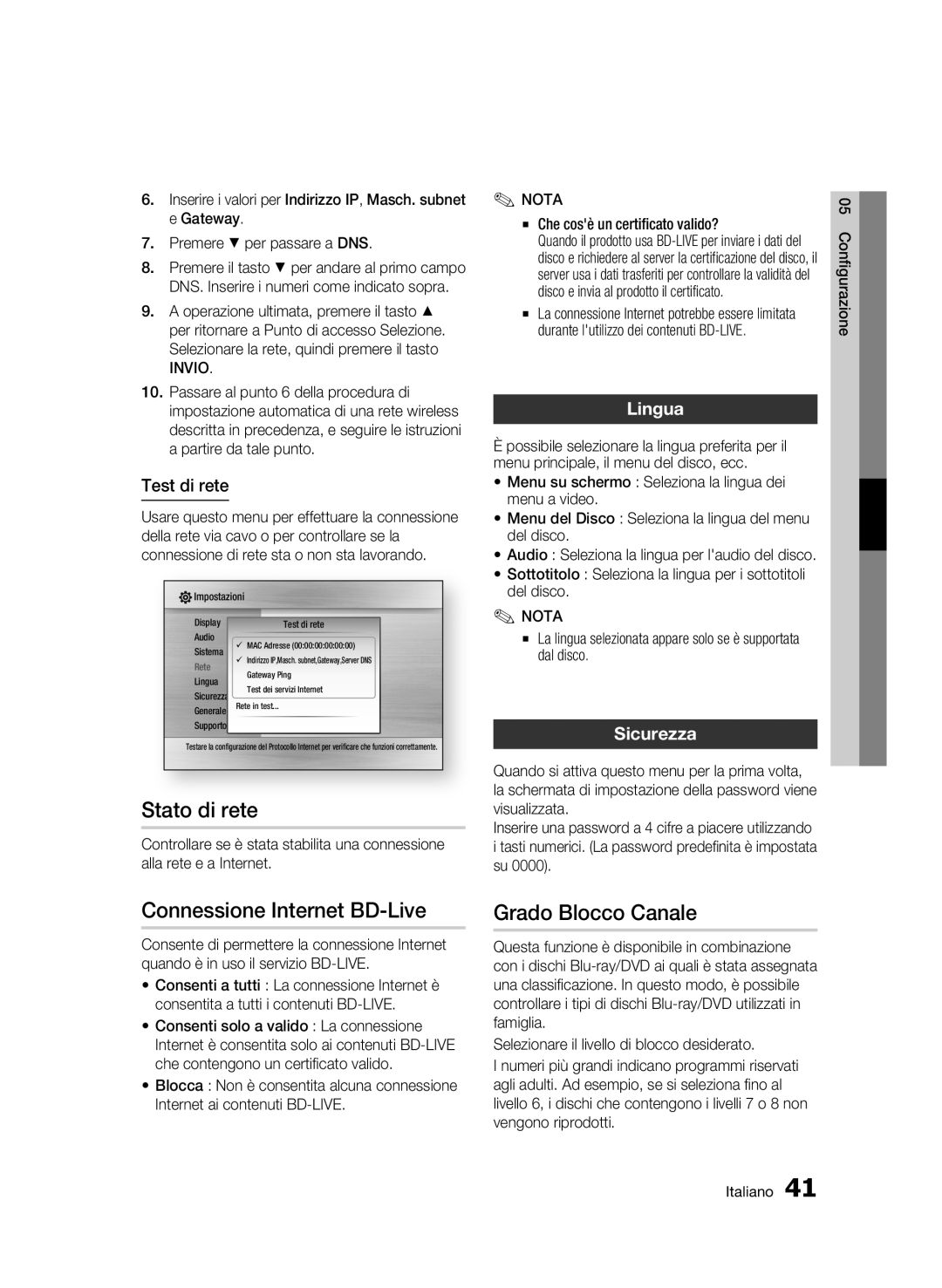 Samsung BD-C6500/XEF manual Stato di rete, Connessione Internet BD-Live, Grado Blocco Canale, Lingua, Sicurezza 