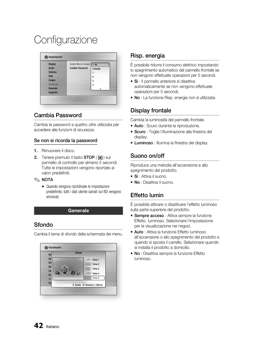 Samsung BD-C6500/XEF manual Cambia Password, Sfondo, Risp. energia, Display frontale, Suono on/off, Effetto lumin 