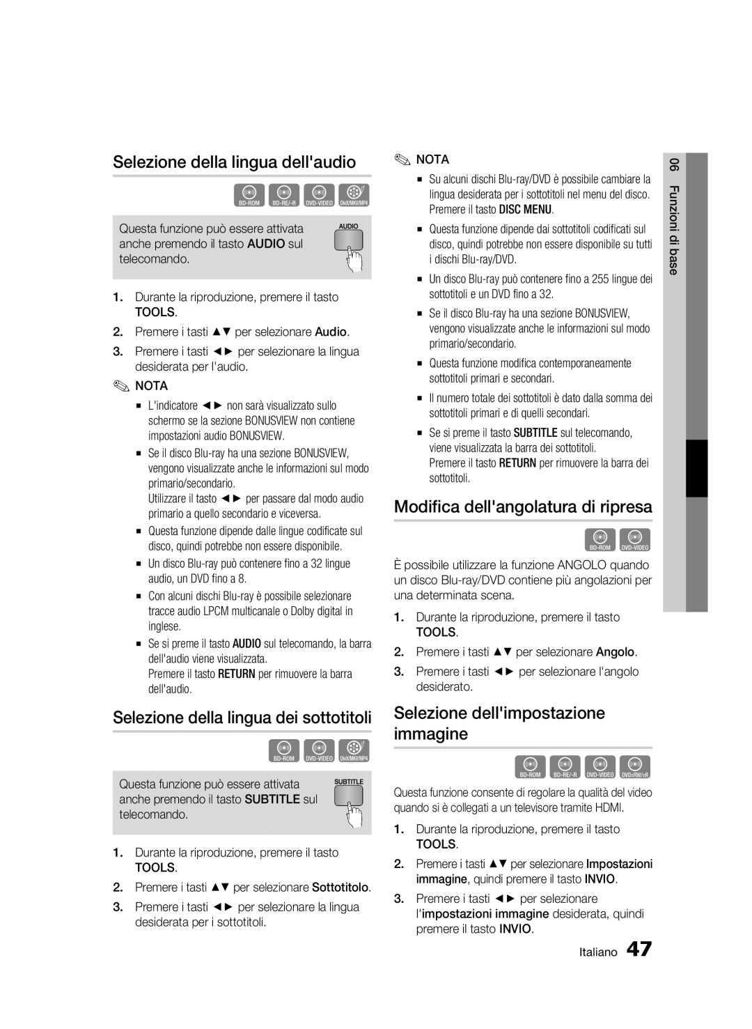 Samsung BD-C6500/XEF manual Selezione della lingua dellaudio, Selezione della lingua dei sottotitoli, Tools 