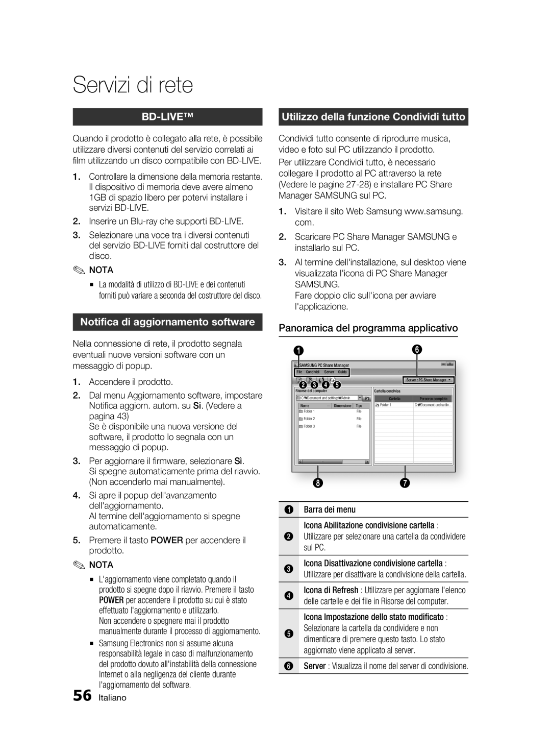 Samsung BD-C6500/XEF manual Notifica di aggiornamento software, Utilizzo della funzione Condividi tutto, Samsung 