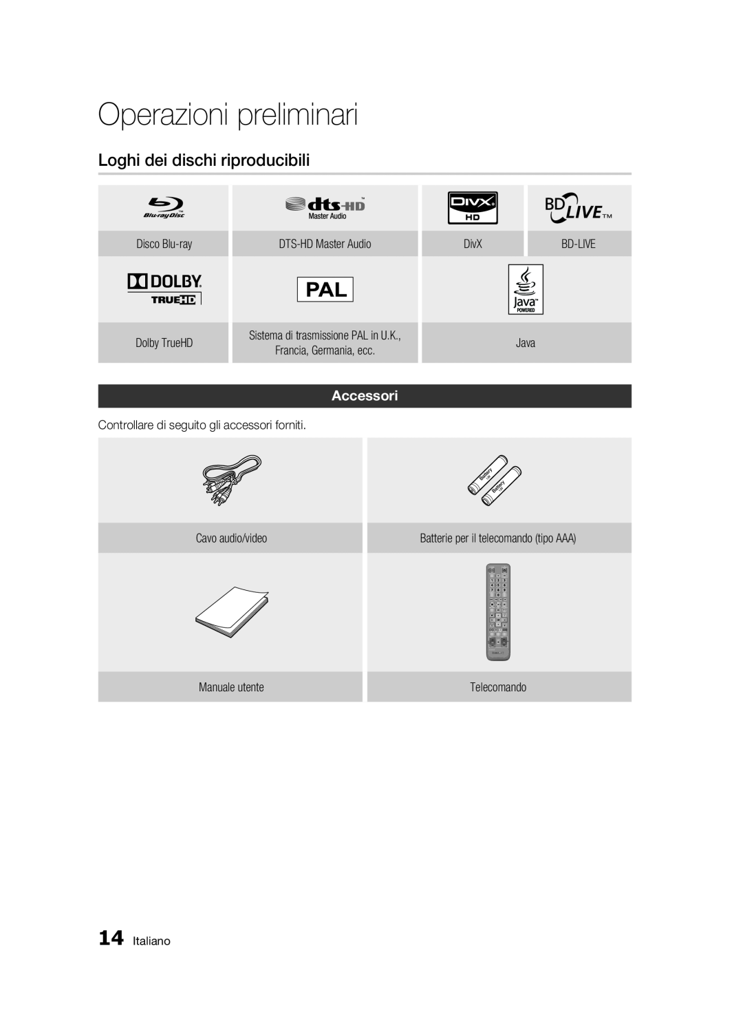 Samsung BD-C6500/XEF manual Loghi dei dischi riproducibili, Accessori, Operazioni preliminari 