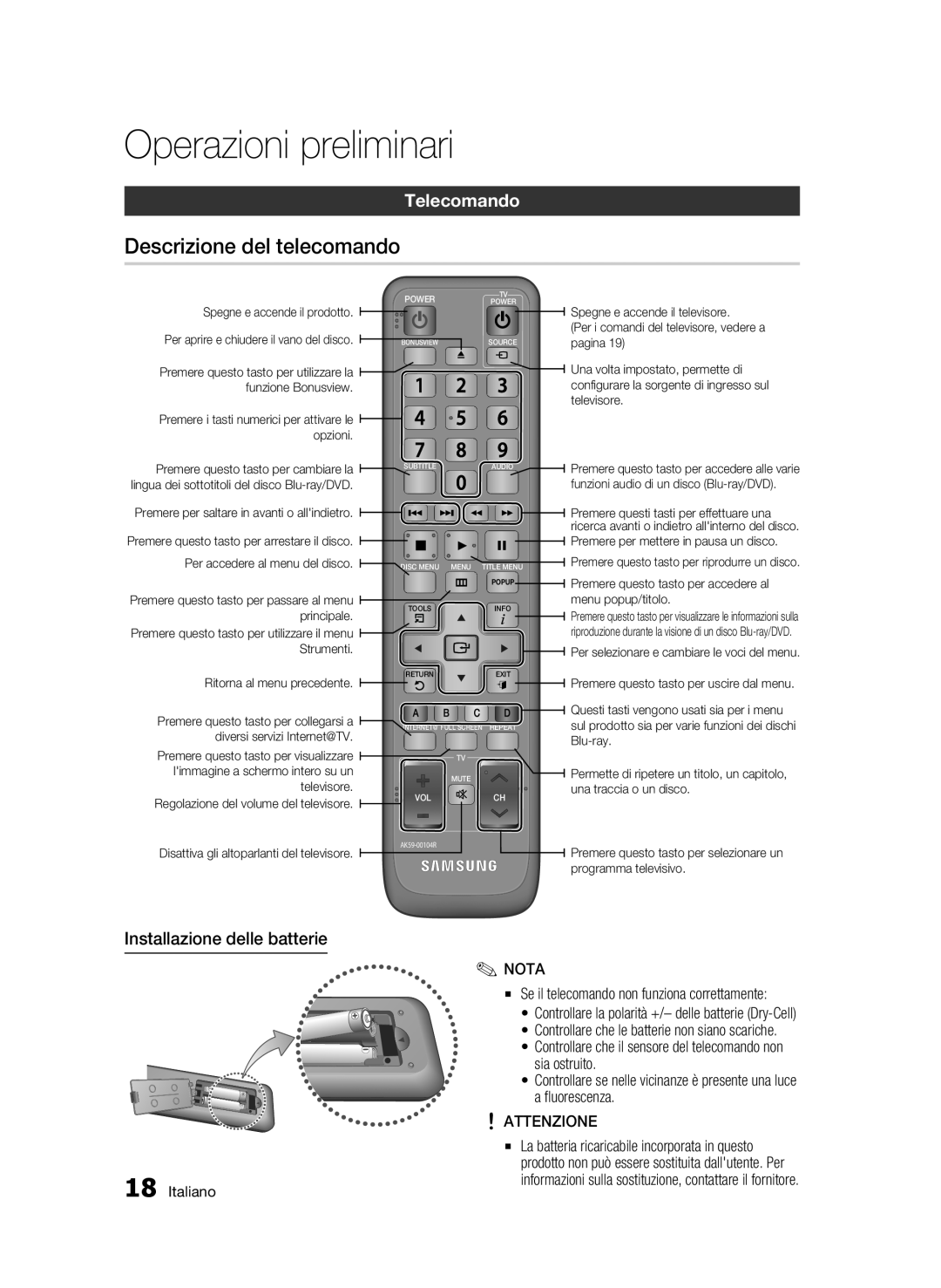 Samsung BD-C6500/XEF manual Descrizione del telecomando, Telecomando, Installazione delle batterie, Operazioni preliminari 