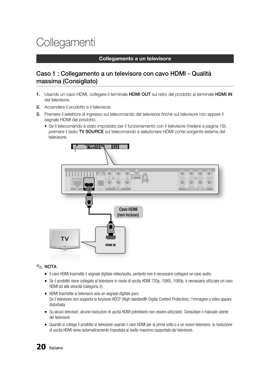 Samsung BD-C6500/XEF manual Collegamenti, Collegamento a un televisore 