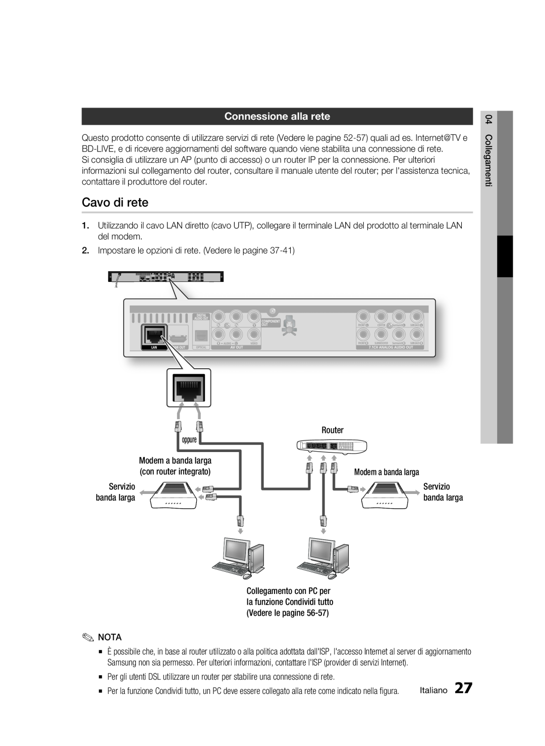 Samsung BD-C6500/XEF manual Cavo di rete, Connessione alla rete 