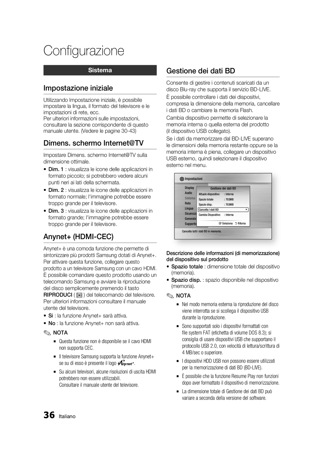 Samsung BD-C6500/XEF Impostazione iniziale, Dimens. schermo Internet@TV, Anynet+ HDMI-CEC, Gestione dei dati BD, Sistema 