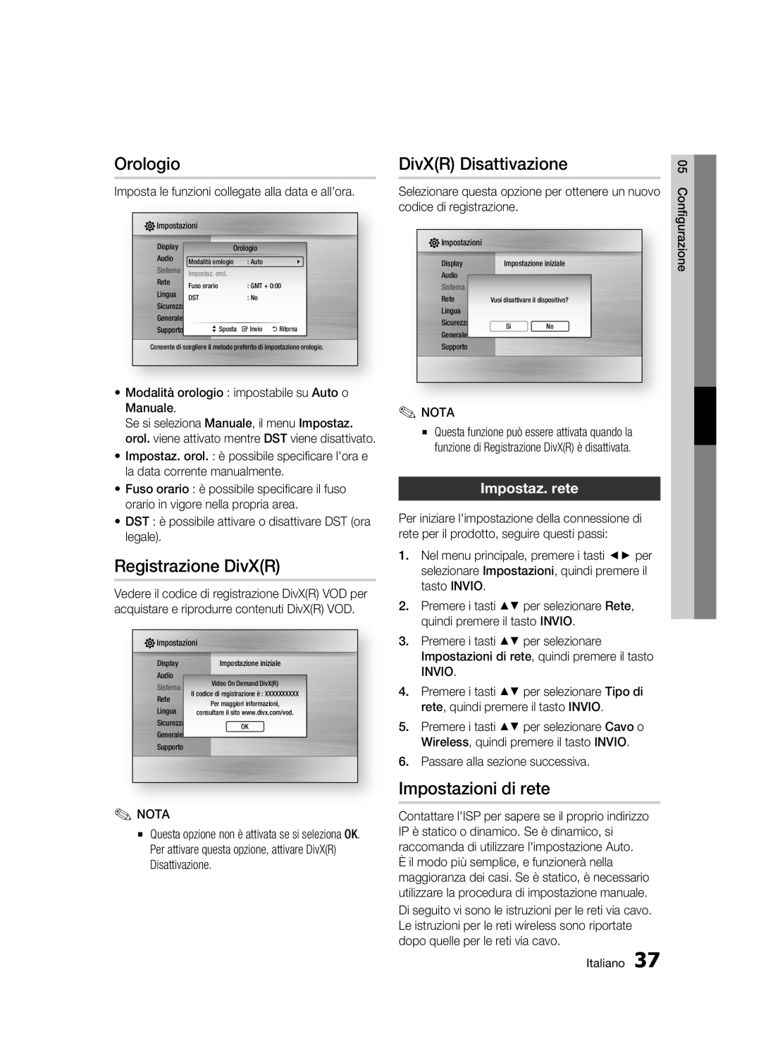 Samsung BD-C6500/XEF manual Orologio, Registrazione DivXR, DivXR Disattivazione, Impostazioni di rete, Impostaz. rete 