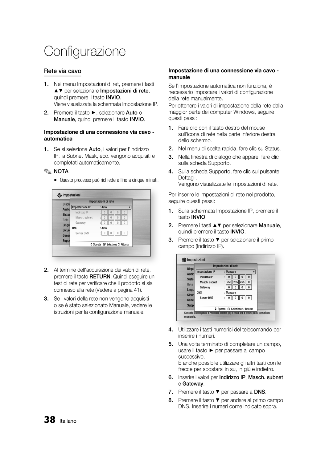 Samsung BD-C6500/XEF manual Rete via cavo, Impostazione di una connessione via cavo - automatica, Configurazione 