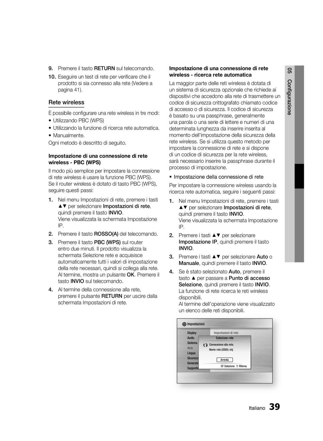 Samsung BD-C6500/XEF manual Rete wireless, Impostazione di una connessione di rete wireless - PBC WPS 