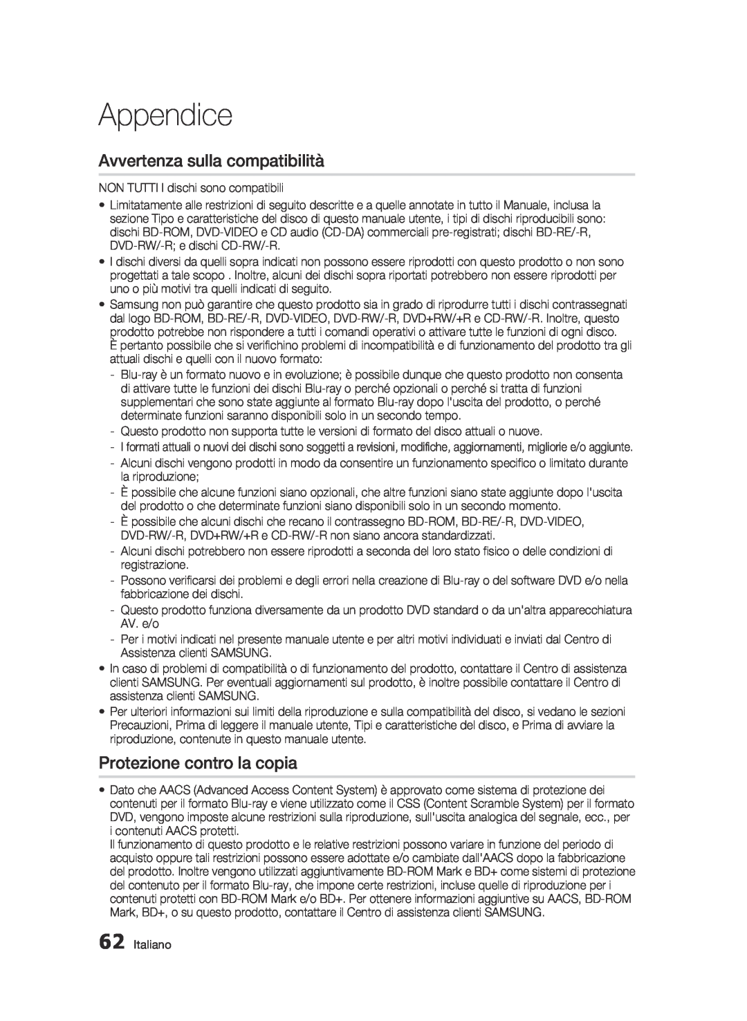 Samsung BD-C6500/XEF manual Avvertenza sulla compatibilità, Protezione contro la copia, Appendice 