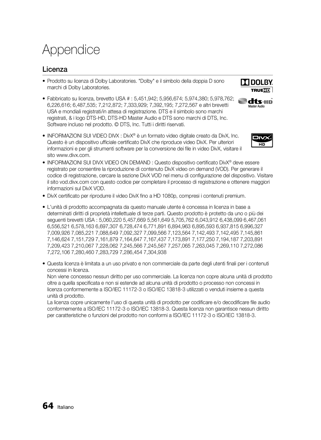Samsung BD-C6500/XEF manual Licenza, Appendice, Italiano 