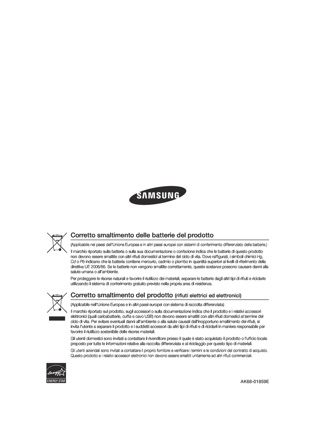 Samsung BD-C6500/XEF manual Corretto smaltimento delle batterie del prodotto, AK68-01859E 