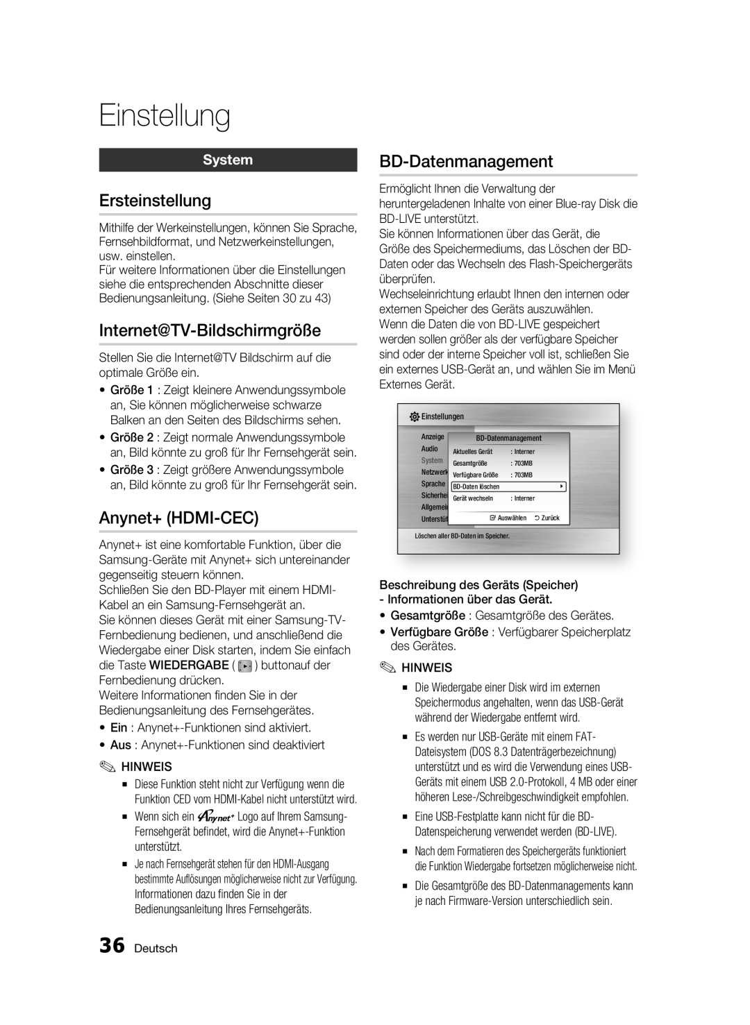 Samsung BD-C6500/XAA, BD-C6500/XEN, BD-C6500/EDC manual SystemBD-Datenmanagement Ersteinstellung, Internet@TV-Bildschirmgröße 